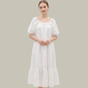 F&F Midi Dress Womens Size 6 White Puff Sleeve Tiered Textured Cottagecore Boho
